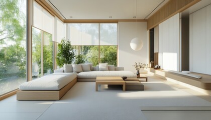 Fototapeta premium Serene Minimalist Living Room Design Modern Sectional Sofa Natural Light and Tranquil Japanese Inspired Decor