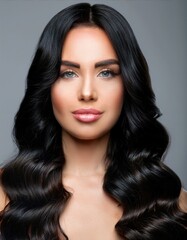 Naklejka premium Brunette woman with black wavy ombre hair. Portrait on a gray background 