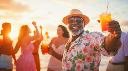 Senior multiracial people dancing at beach party while drinking colorful cocktails at sunset - Focus on elderly african american man smiling on camera - Models by AI generative