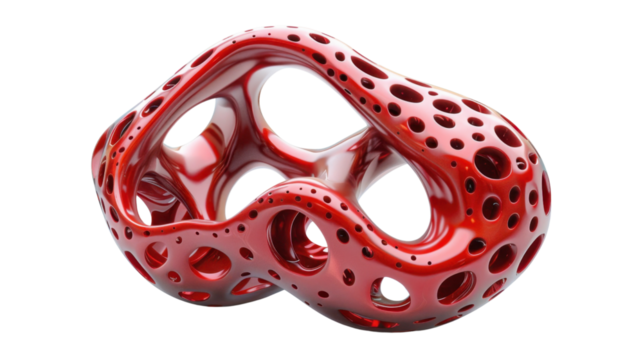 Red abstract three-dimensional shape with holes on transparent background