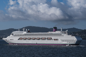Classic cruiseship cruise ship liner Ambience sail away departure from Vigo port, Spain in Galicia...