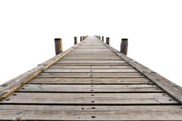 A wooden pier extends into the distance, with weathered planks and sturdy posts. The perspective creates depth, fading into a bright horizon, isolated on a transparent background