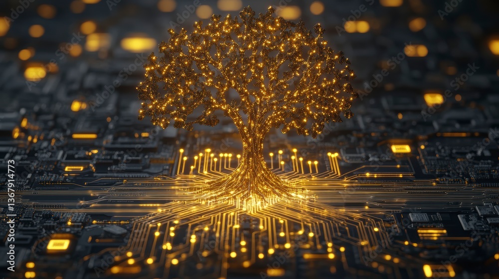 Poster golden tree growing from circuit board, symbolizing digital growth and technology.