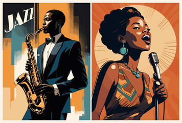 Jazz poster with a man playing a saxophone and a woman singing. The poster is colorful and has a vintage feel to it
