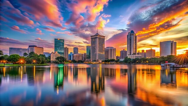 Orlando Florida Skyline Panoramic View at Sunset, Cityscape with Copy Space