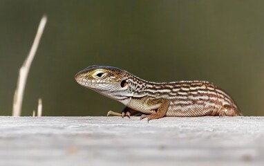 Fototapeta premium A small lizard with brown and tan stripes rests on a weathered gray wooden surface against a blurred green background. The lizard's head is slightly raised, and its skin shows subtle texture. The