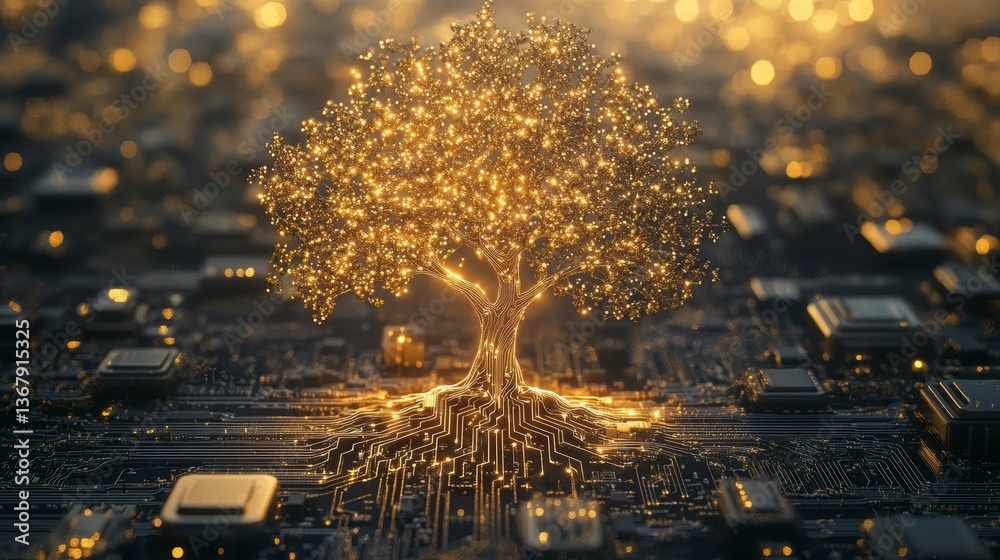 Poster golden tree growing from a circuit board, symbolizing technological growth and innovation.