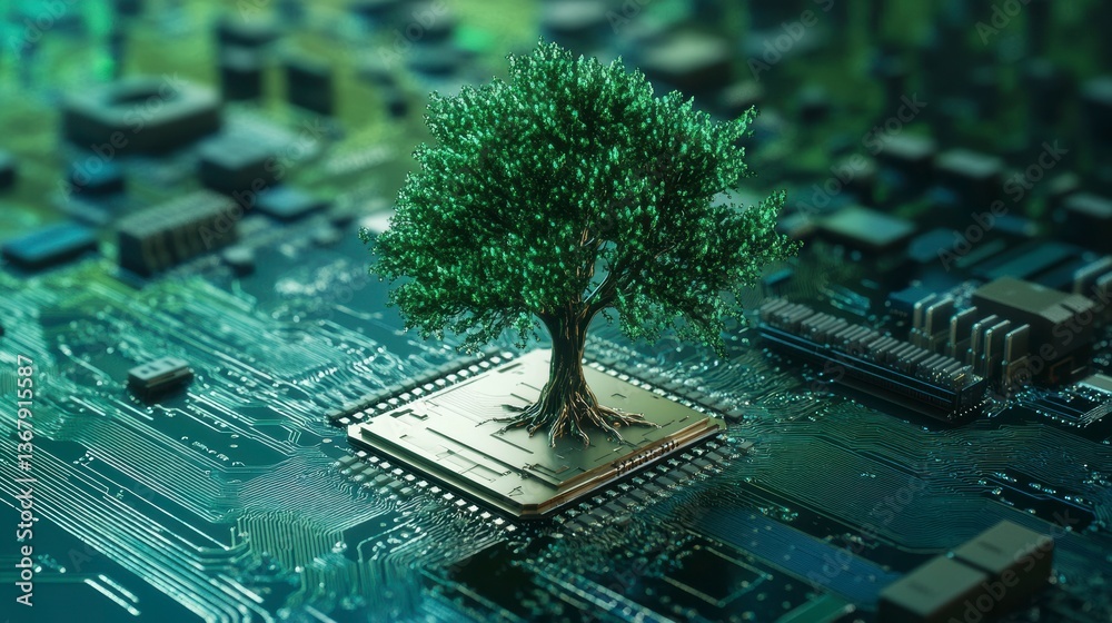 Poster Lush green tree growing from a computer processor on a circuit board, symbolizing sustainable technology.