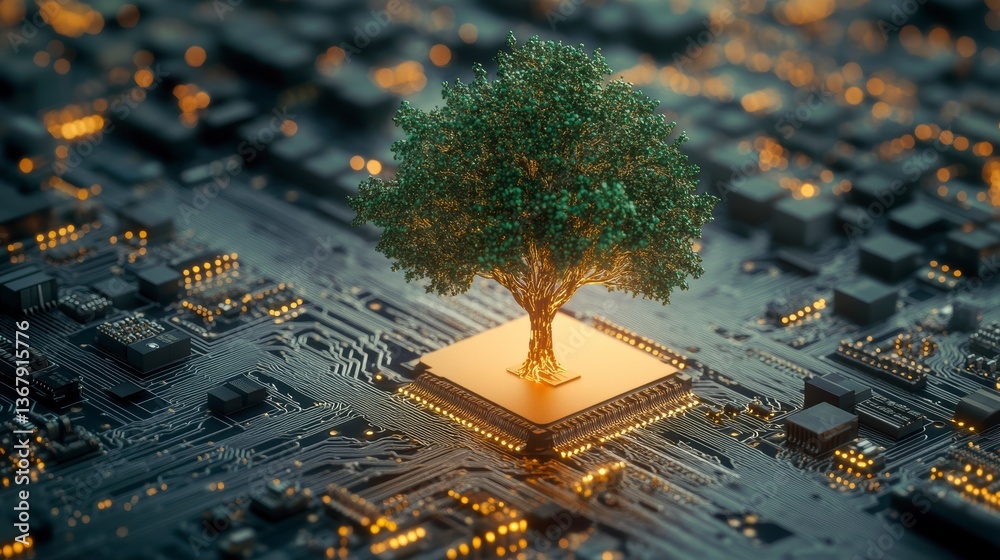 Aufkleber green tree growing from a computer chip, symbolizing technology and nature.
