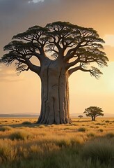 Majestic African Savanna Landscape with Towering Trees and Dry Golden Grass Field Sky