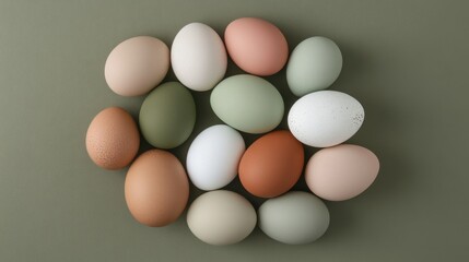A collection of matte-finished eggs in neutral and pastel tones on a smooth olive-green background