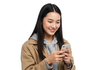 A cheerful young woman dressed in a hoodie and smiling while using a smartphone isolated on transparent background