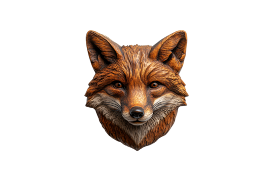Realistic carved fox head sculpture with a focused, expressive gaze. Fewer surrounding leaf elements, highlighting the face’s artistry and natural beauty, isolated on a transparent background