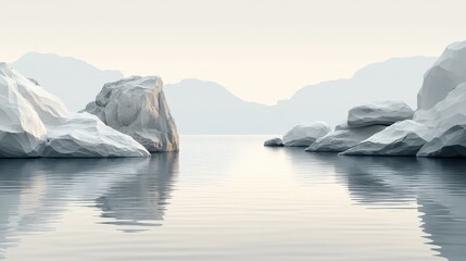 Obraz premium Calm white rocks reflecting on still water, misty mountains background