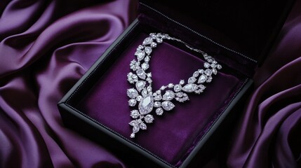 Obraz premium A dazzling diamond necklace in an open black box, resting on a dark purple silk fabric backdrop