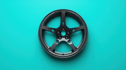 Obraz premium A deep-dish racing wheel with carbon fiber accents, set against a vibrant cyan background