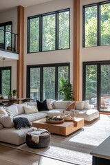 Fototapeta premium Modern Sectional Sofa in Sunlit Living Room with Large Windows and Wooden Beams