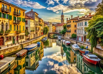 Fototapeta premium Padua's Portello River Landing: Historic Canal Architecture and Boats