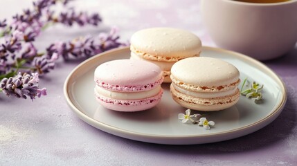 A delicate macaron plate with a cup of Earl Grey tea on a pastel lavender background