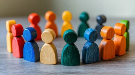 Diverse unity concept with colorful wooden figures in a circle for team building and community themes