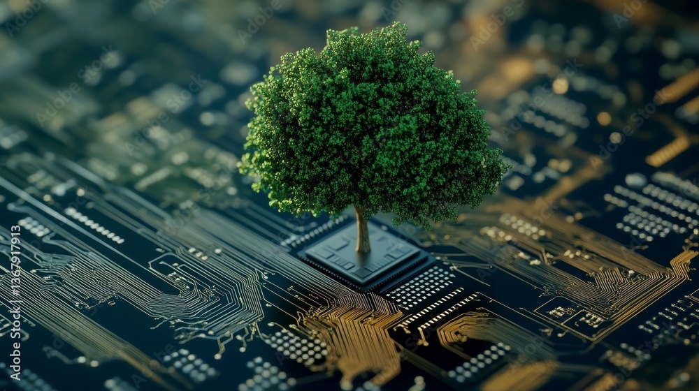 Poster green tree growing from a microchip circuit board, symbolizing sustainable technology and eco-friend