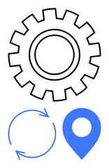 Gear symbolizing operation, circular arrows for process flow, and location marker for positioning. Ideal for navigation, workflow, system, direction, operation optimization and location. Flat