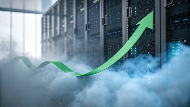 a server room with upward green arrow and cloud computing graphic - Powered by Adobe