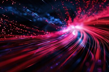 Abstract background with red and blue light trails converging on a bright light source