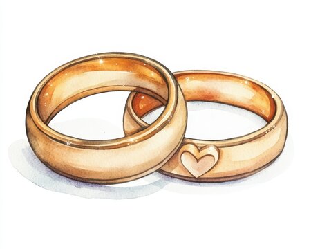 Watercolor illustration of two intertwined gold wedding rings symbolizing love and commitment in a romantic style