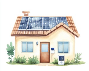 Innovative watercolor illustration of a house featuring solar panels on the roof highlighting eco-friendly living and sustainability