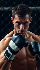 Professional Sports Competition and Determination Theme with Man in Mixed Martial Arts Cage