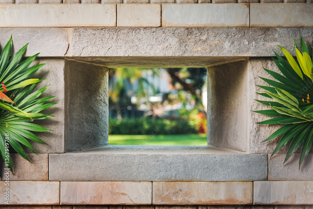 Poster stone wall with rectangular window showcasing blurred garden view, framed by green foliage, creating