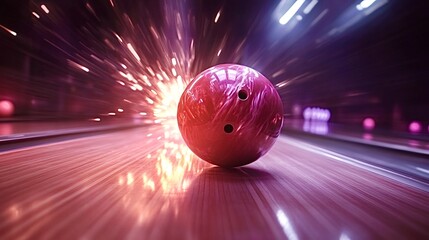 Red bowling ball rolling down a polished wooden lane, creating a dynamic motion blur effect, suggesting speed and power in a vibrant, energetic bowling alley