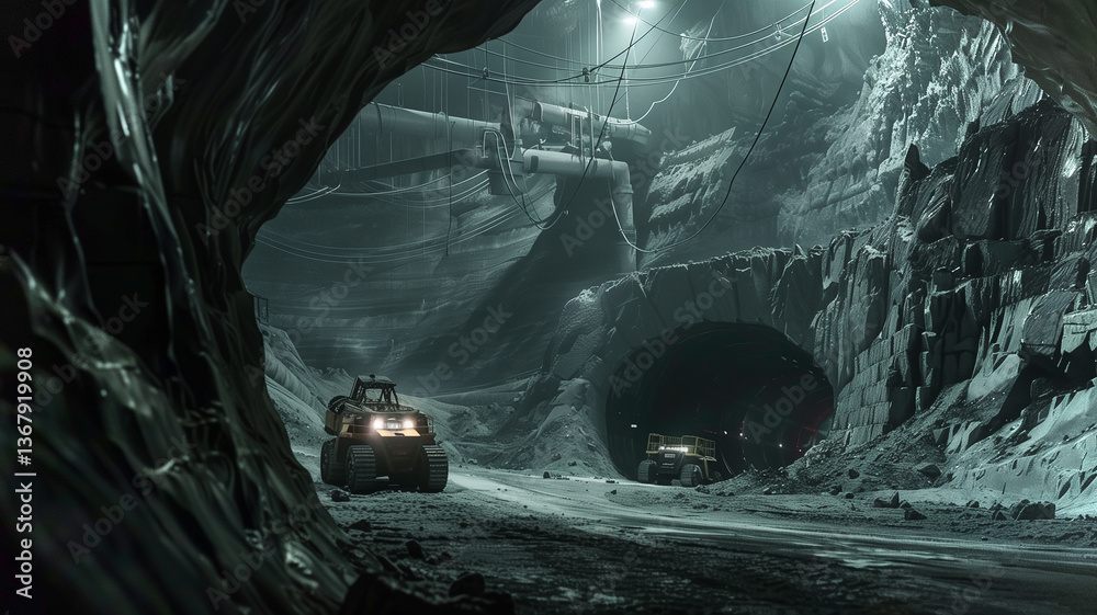 Poster this heavy machinery works in a dark asteroid tunnel, mining regolith for processing.