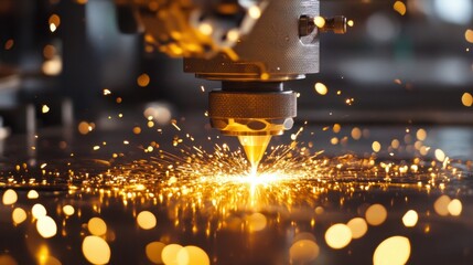 A high-tech laser cutting through steel, emitting sparks that illuminate the dark industrial setting