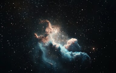 Fototapeta premium Cosmic clouds of gas and dust illuminate the darkness of space, speckled with distant stars. The nebula exhibits a vibrant palette of teal, blue, and orange hues, creating a celestial landscape of