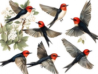 Obraz premium Birds in Flight, Floral Background