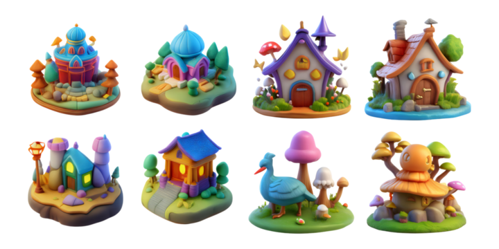Colorful 3D Fantasy Houses and Structures in a Whimsical Style, isolated on transparent background