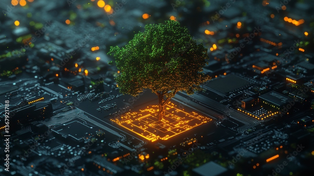 Poster lush green tree growing from glowing circuit board core, representing technology and nature's symbio