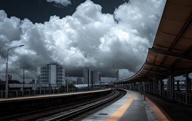 Fototapeta premium Moody cityscape view from a train platform, dark clouds loom overhead, casting shadows on the railway tracks and modern buildings in the background. A sense of anticipation or travel is evoked