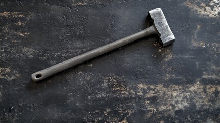 A metal factory hammer resting on a worn industrial black surface, showing subtle reflections