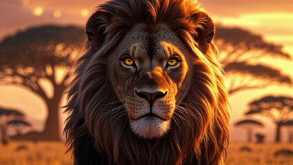 Naklejka premium Portrait of a lion with a golden mane against a backdrop of african trees at sunset or sunrise