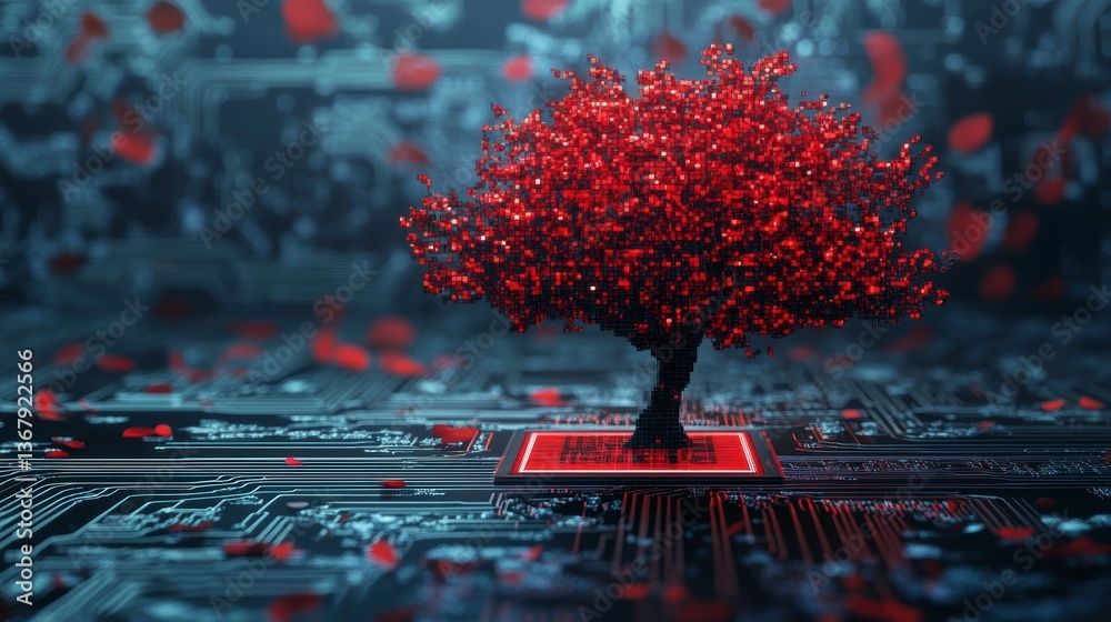 Poster red digital tree growing from circuit board.