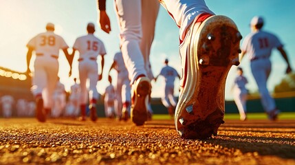 baseball team and baseball rests concept. Close-Up of Baseball Players on Field in Sunset Glow