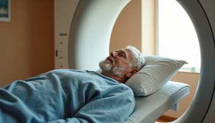 Medical Imaging MRI Machine MRI Scan Radiology Diagnostic Imaging Healthcare Hospital Clinic Patient Man Lying Down Inside Machine Scanner Medical Technology