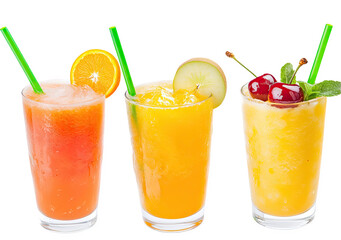 Set of three fresh slushie drinks isolated on a white background, with green straws and fruits, png