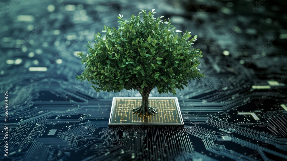 Poster lush green tree growing on a microchip circuit board, symbolizing sustainable technology.