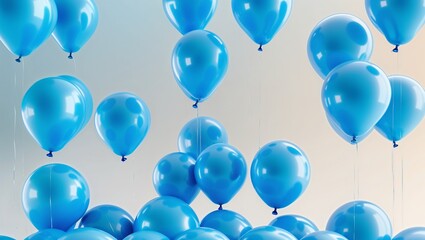 A collection of many blue balloons floating and grouped together against a light background image scene