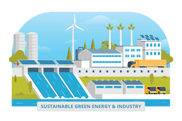 Fototapeta premium Sustainable Green Energy & Industry Vector Illustration with Hydropower Dam, Solar Panels, and Wind Turbines. Fully Editable and Modular Elements.