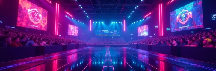 Obraz premium Abstract background of cyberpunk esports championship in neon lights, digital gaming, futuristic